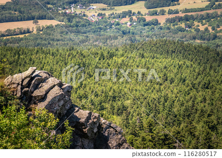 Scenic landscape of northern Czech republic, view from the peak of Jested mountain near Liberec Scenic landscape of northern Czech republic, view from the peak of Jested mountain near Liberec 116280517