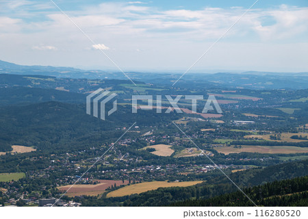 Scenic landscape of northern Czech republic, view from the peak of Jested mountain near Liberec 116280520