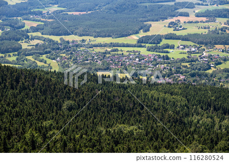 Scenic landscape of northern Czech republic, view from the peak of Jested mountain near Liberec 116280524
