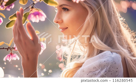欣賞鮮花的年輕女子 116280545