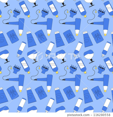Seamless pattern of hair styling products for wavy hair. Hair dryer with diffuser, towel. Curly girl method. Vector outline flat illustration. Seamless pattern of hair styling products for wavy hair. Hair dryer with diffuser, towel. Curly girl method. Vector outline flat illustration. 116280558