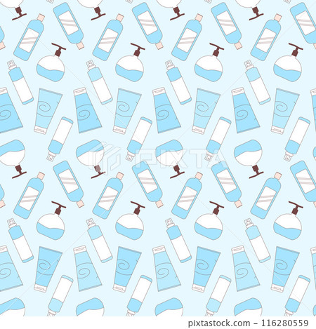 Hair care and styling products seamless pattern. Bottles of gel, shampoo wax repeat background. Vector outline flat illustration. Hair care and styling products seamless pattern. Bottles of gel, shampoo wax repeat background. Vector outline flat illustration. 116280559