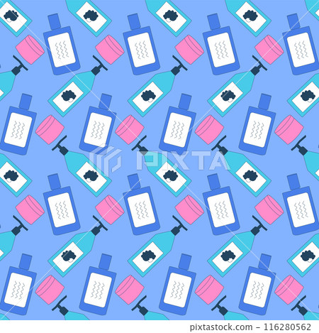 Styling for wavy hair seamless pattern. repeat background. Curly girl method continuous cover. Bottles of gel, shampoo. Vector outline flat illustration. Styling for wavy hair seamless pattern. repeat background. Curly girl method continuous cover. Bottles of gel, shampoo. Vector outline flat illustration. 116280562