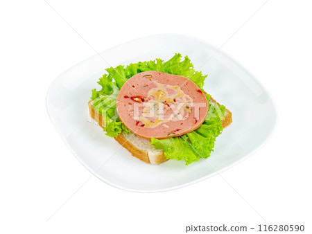 bologna sliced with bread and lettuce leaf isolated 116280590