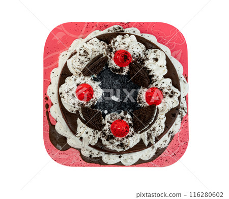 Chocolate cake with black cookie and whipped cream isolated Chocolate cake with black cookie and whipped cream isolated 116280602