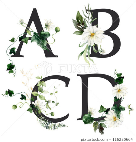 Watercolor Floral Letters Set featuring A, B, C and D. Hand-drawn flowers on a white background create an outdoor letters scene that can be used for design, printing, or fabric backgrounds. 116280664
