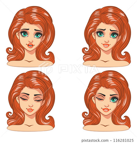 Cartoon ginger girl with big green eyes 116281025