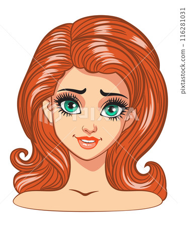 Cartoon ginger girl with big green eyes 116281031