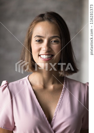 Happy beautiful young Caucasian woman front vertical portrait 116281373
