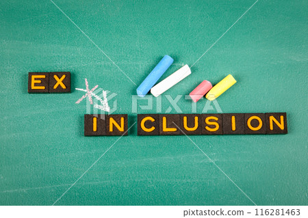 Inclusion and Exclusion Concept. Old letter tiles on a green chalkboard background 116281463