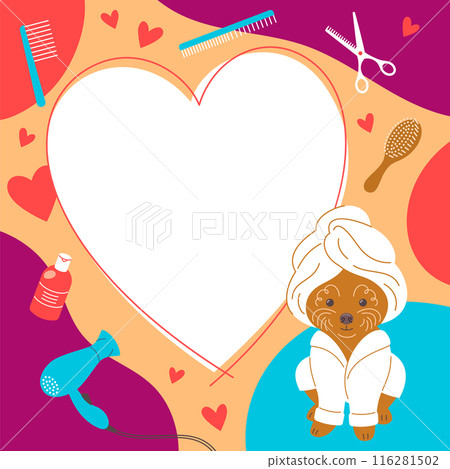 Pet grooming salon social media post template with cute poodle dog in a bathrobe and towel as well as some groomer tools. Square frame for text promotion. Adorable doodle hand drawn vivid illustration Pet grooming salon social media post template with cute poodle dog in a bathrobe and towel as well as some groomer tools. Square frame for text promotion. Adorable doodle hand drawn vivid illustration 116281502