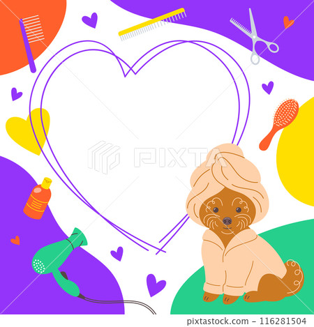 Pet grooming salon social media post template with cute poodle dog in a bathrobe and towel as well as some groomer tools. Square frame for text promotion. Adorable doodle hand drawn vivid illustration Pet grooming salon social media post template with cute poodle dog in a bathrobe and towel as well as some groomer tools. Square frame for text promotion. Adorable doodle hand drawn vivid illustration 116281504