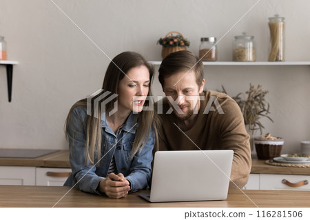 Married couple check bank account use laptop 116281506