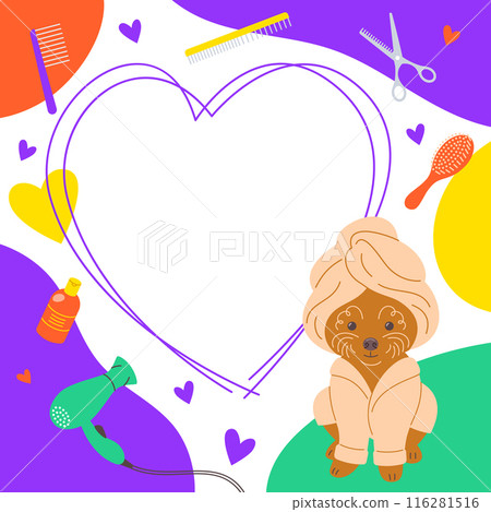 Pet grooming salon social media post template with cute poodle dog in a bathrobe and towel as well as some groomer tools. Square frame for text promotion. Adorable doodle hand drawn vivid illustration Pet grooming salon social media post template with cute poodle dog in a bathrobe and towel as well as some groomer tools. Square frame for text promotion. Adorable doodle hand drawn vivid illustration 116281516