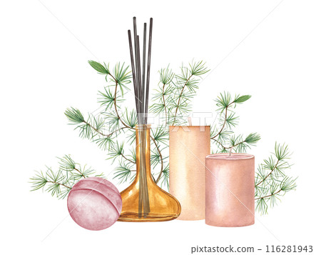 Diffuser with reed sticks, scented candles, lavender bath bomb, green botanical evergreen. Aromatherapy, relaxing spa ambience. Watercolor illustration isolated on white. For calmness and rejuvenation 116281943