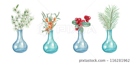 Transparent blue bottle with aroma evergreen plants and berries. Botanical arrangements in elegant blue glass vases. Ripe cowberries and sea buckthorn. Watercolor illustration isolated on white Transparent blue bottle with aroma evergreen plants and berries. Botanical arrangements in elegant blue glass vases. Ripe cowberries and sea buckthorn. Watercolor illustration isolated on white 116281962