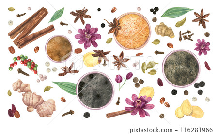 Assorted Spices and Herbs. Cinnamon, cardamon, star anise, cloves, pepper, ginger and flowers. Mix of various bowl with aromatic ground spices. Watercolor illustration isolated on white. For culinary 116281966