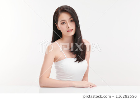 Beautiful young asian woman with clean fresh skin on white background, Face care, Facial treatment, Cosmetology, beauty and spa, Asian women portrait. Beautiful young asian woman with clean fresh skin on white background, Face care, Facial treatment, Cosmetology, beauty and spa, Asian women portrait. 116282556
