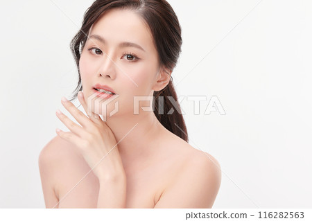 Beautiful young asian woman with clean fresh skin on white background, Face care, Facial treatment, Cosmetology, beauty and spa, Asian women portrait. 116282563