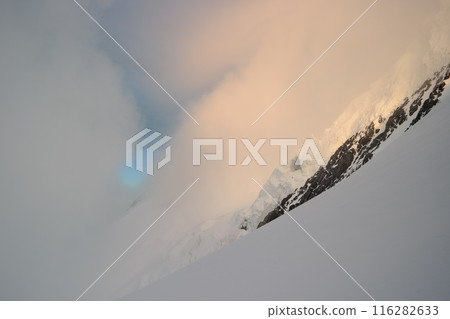 Tranquil Lake With Lush Green Forest, Snow-Capped Mountain, Blue Sky And White Clouds Tranquil Lake With Lush Green Forest, Snow-Capped Mountain, Blue Sky And White Clouds 116282633