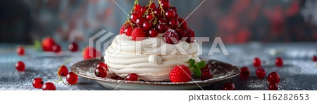 Haunting Berry Pavlova Dessert on Moody Backdrop of Spooky Forest 116282653