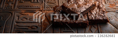 Mysterious Mummy Brownies on Ancient Egyptian Backdrop with Hieroglyphs Mysterious Mummy Brownies on Ancient Egyptian Backdrop with Hieroglyphs 116282681