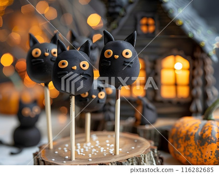 Spooky Black Cat Cake Pops Amidst a Witch s Cottage on a Halloween Night Spooky Black Cat Cake Pops Amidst a Witch s Cottage on a Halloween Night 116282685