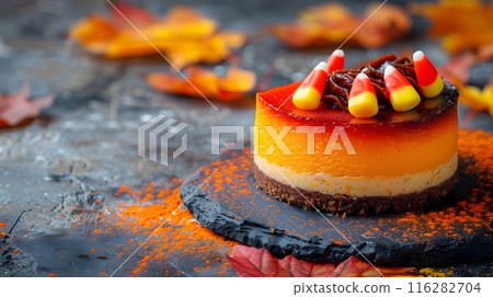 Vibrant Autumn Inspired Candy Corn Cheesecake Dessert 116282704