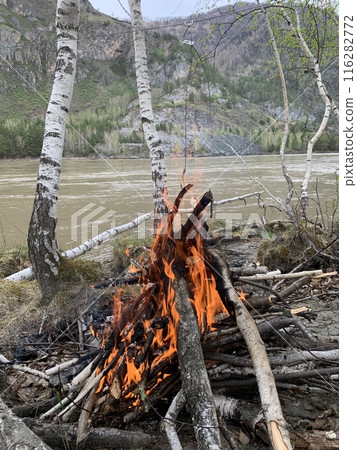 Campfire by a river in the wilderness with a view of the mountains beyond the riverbanks trees. Campfire by a river in the wilderness with a view of the mountains beyond the riverbanks trees. 116282772
