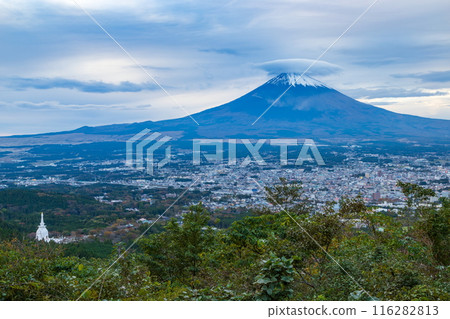Mount Fuji with a cloud-cap on top and the town of Gotemba in Gotemba, Shizuoka Prefecture Mount Fuji with a cloud-cap on top and the town of Gotemba in Gotemba, Shizuoka Prefecture 116282813