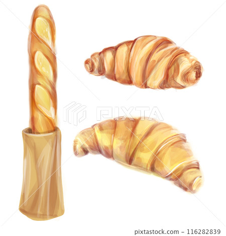 Watercolor illustration. Bakery, pastries, french baguette and croissants, drawing set Watercolor illustration. Bakery, pastries, french baguette and croissants, drawing set 116282839