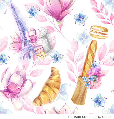 Seamless pattern on the theme of Paris, pastries, the Eiffel Tower in a watercolor style. Spring floral pattern. Ideal for textiles, scrap, wrapping paper 116282908