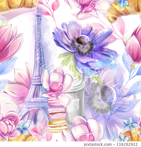 Seamless pattern eiffel tower, paris and spring flowers in a watercolor style. Travel to France. Romantic floral pattern of magnolias. Ideal for textile, industrial, scrap, packaging paper 116282922