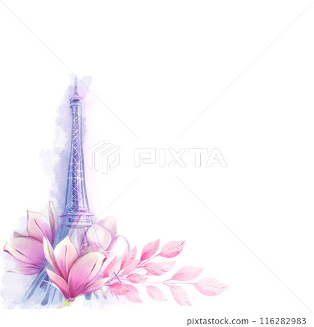 Watercolor illustration of eiffel tower and magnolias, spring design, romantic style border. French romance, clipart 116282983
