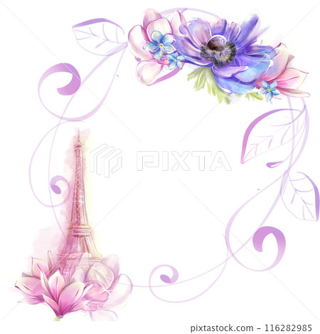 Watercolor round frame with eiffel tower and spring flowers, magnolias. Romantic Parisian design 116282985