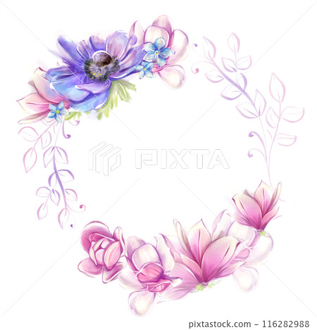 Floral round frame with anemones, magnolias. French romance, clipart. Pink and blue flowers in a watercolor style 116282988