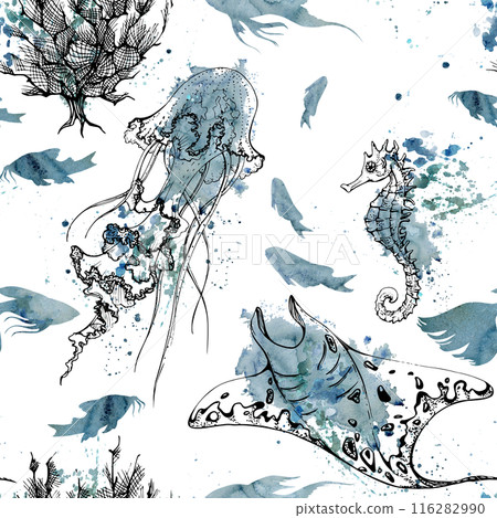 Watercolor and ink hand drawn marine life, sea ocean underwater creatures. fish, shells algae seaweed. Seamless pattern illustration, stylized, isolated on white. Zoo shop, aquarium, cosmetics, resort 116282990