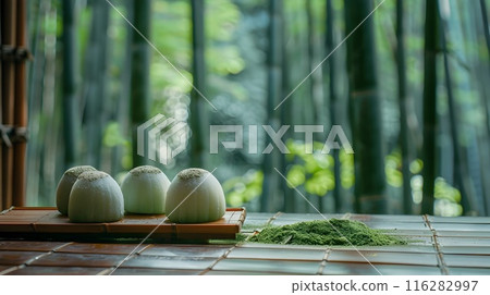 Traditional Japanese mochi Dessert on Bamboo Forest Backdrop 116282997