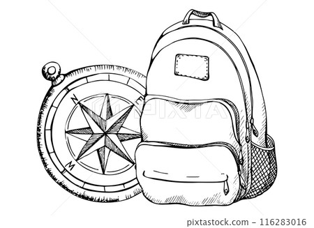 Tourist accessories, vintage leather backpack rucksack bag, travel navigation compass, wind rose. Vector ink hand drawn art. Design for tourism, travel, brochure, wedding, guide, print, card tattoo. Tourist accessories, vintage leather backpack rucksack bag, travel navigation compass, wind rose. Vector ink hand drawn art. Design for tourism, travel, brochure, wedding, guide, print, card tattoo. 116283016