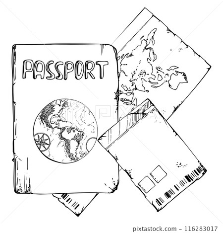 Multinational world passport id document, plane train ferry ticket coupon permit. Vector ink hand drawn vintage illustration. Design for tourism, travel, brochure, wedding, guide, print, card tattoo. 116283017