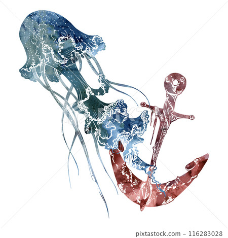 Watercolor and ink hand drawn marine life, sea ocean underwater creatures. fish, shells algae seaweed. Composition illustration, stylized, isolated on white. For zoo shop, aquarium, cosmetics, resort 116283028