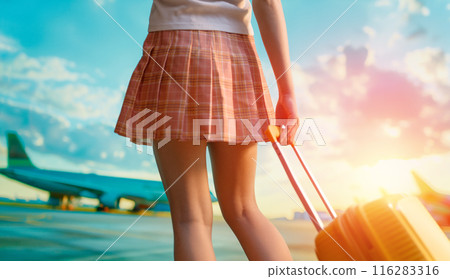 Legs of young woman with suitcase 116283316