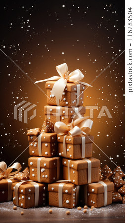 Christmas gingerbread cookies shaped as gift boxes decorated with bows 116283504