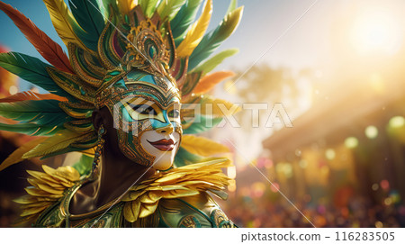 Mardi gras background with Brasil carnival bright dressed woman and copy space 116283505