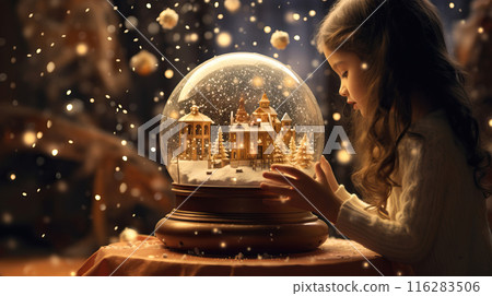Magical Christmas scene young girl holding winter snow globe, sparkling lights 116283506