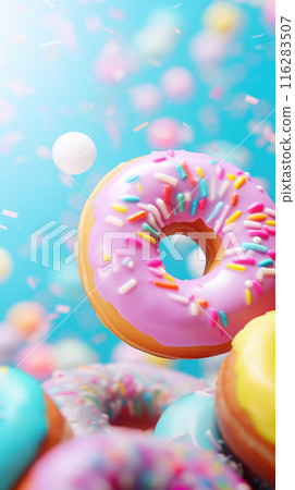 Bright pastel color frosted assorted donuts levitating, blue sky background 116283507