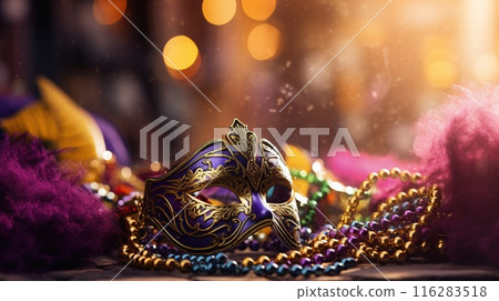 Carnival mask, colorful Mardi Gras beads and bokeh lights festive background Carnival mask, colorful Mardi Gras beads and bokeh lights festive background 116283518