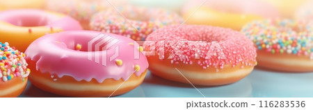 Bright pastel color frosted assorted donuts, sweet fun food banner background 116283536