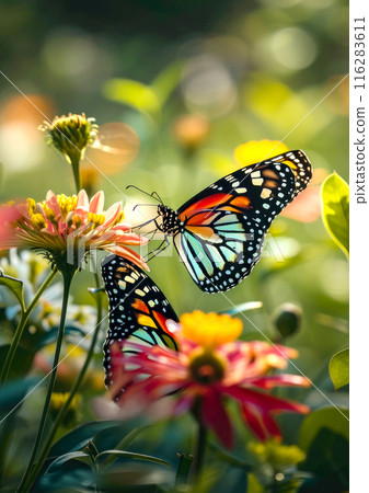 Butterflies with intricate patterns on vibrant flowers, natural background Butterflies with intricate patterns on vibrant flowers, natural background 116283611