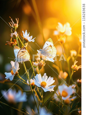 Butterflies with intricate patterns on vibrant flowers, natural background 116283638